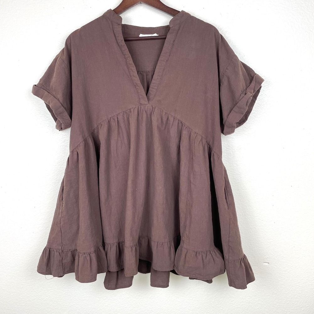 Womens Tunic Top Sz 8 %100 Cotton Babydoll Lagenlook Oversized Ruffle Boho Brown